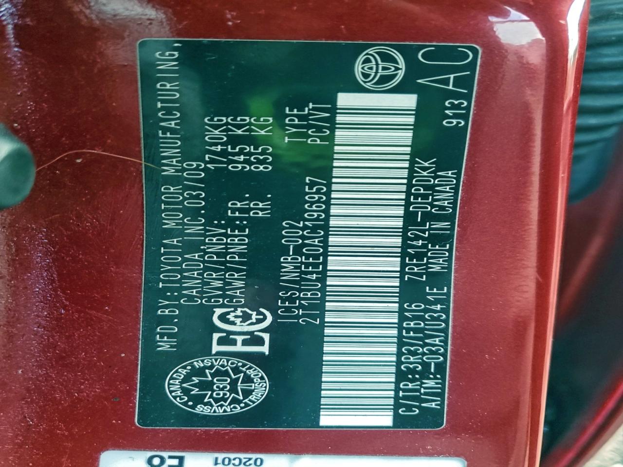 2010 Toyota Corolla Base VIN: 2T1BU4EE0AC196957 Lot: 94462865