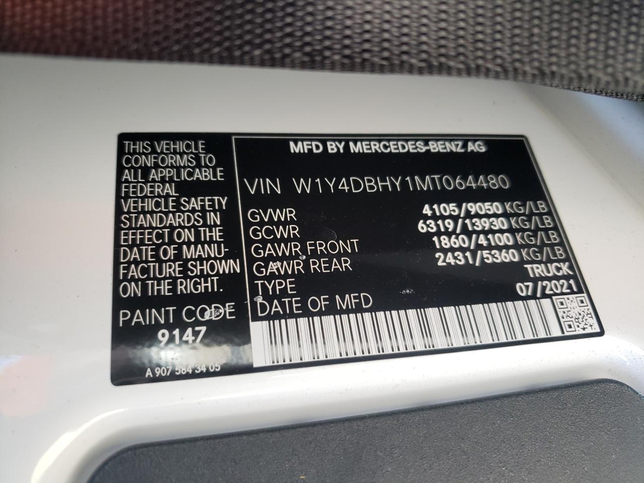 2021 Mercedes-Benz Sprinter 2500 VIN: W1Y4DBHY1MT064480 Lot: 90980755