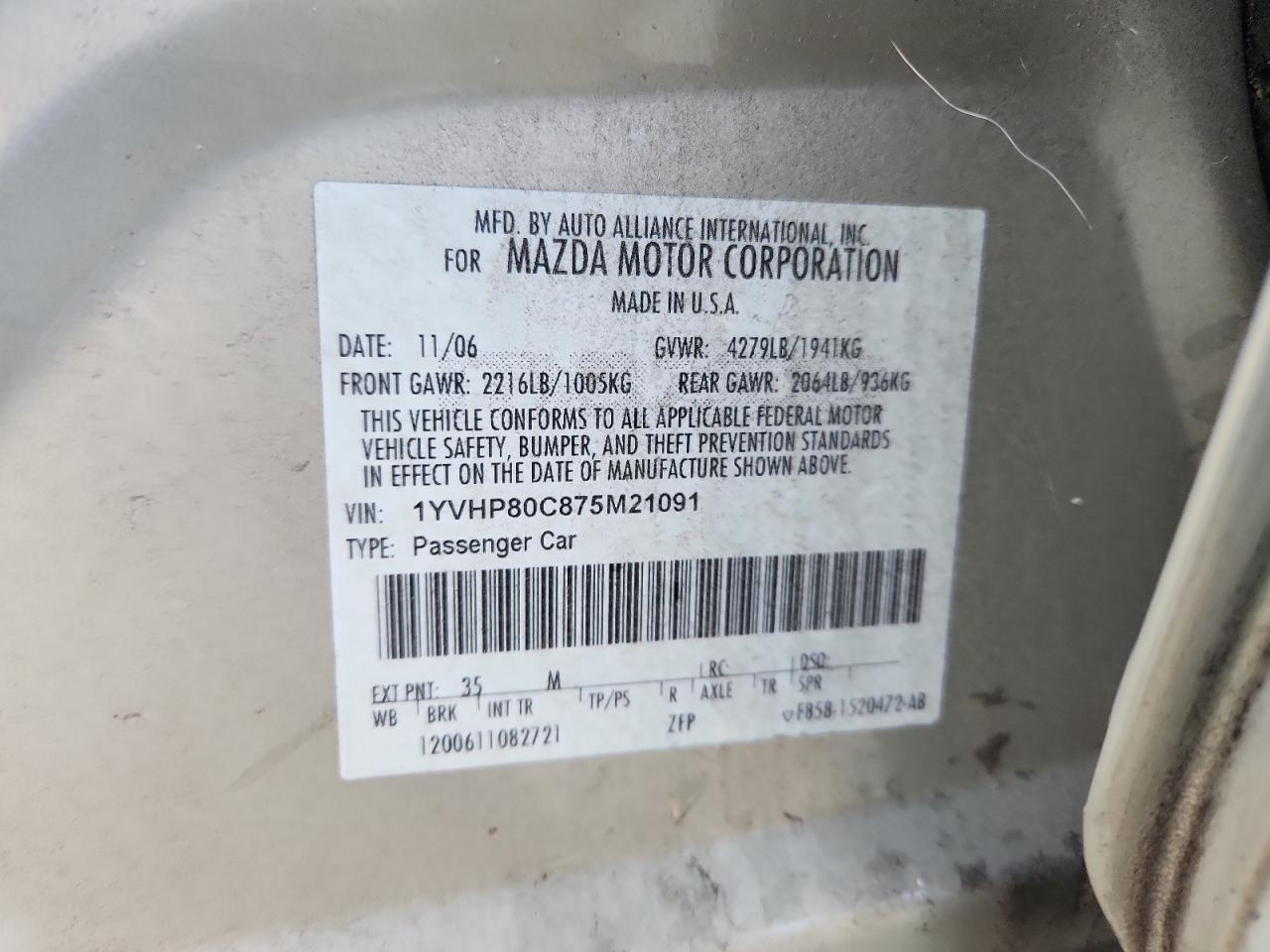 2007 Mazda 6 I VIN: 1YVHP80C875M21091 Lot: 92918725