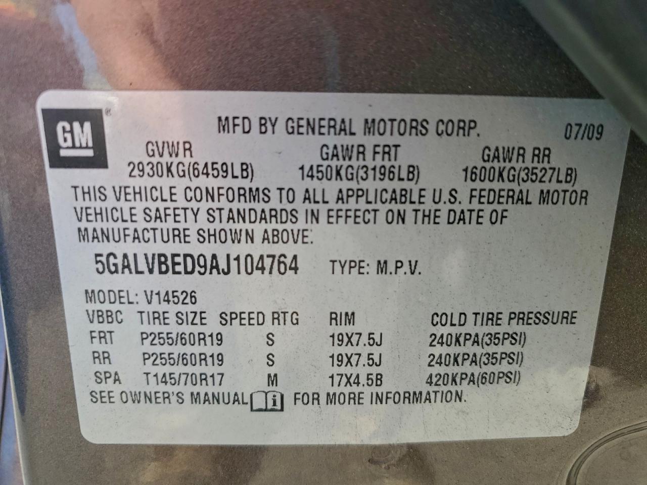 2010 Buick Enclave Cxl VIN: 5GALVBED9AJ104764 Lot: 94605765