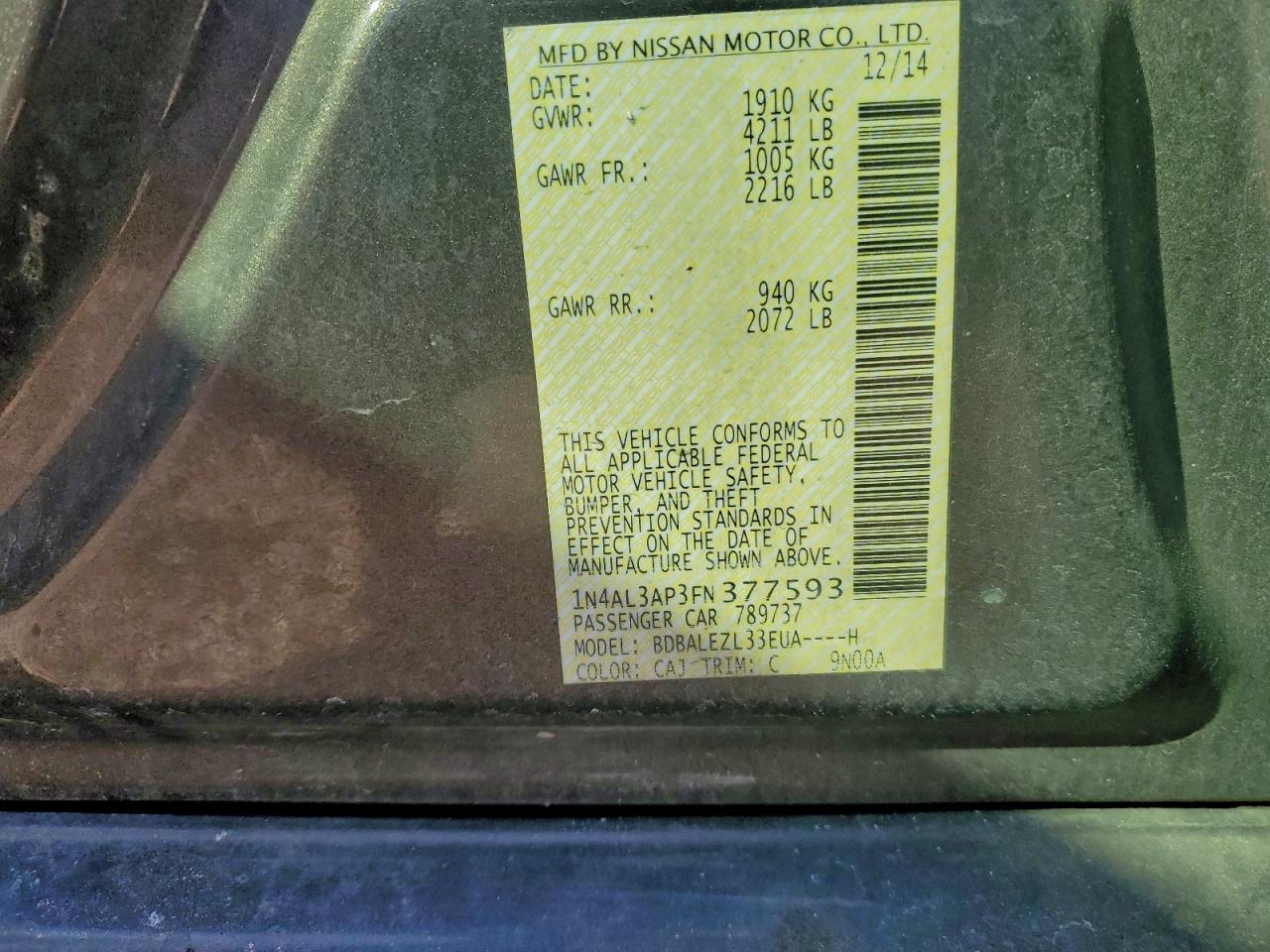 2015 Nissan Altima 2.5 VIN: 1N4AL3AP3FN377593 Lot: 94746145