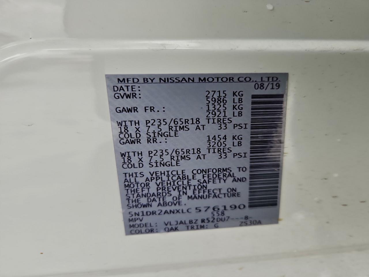 2020 Nissan Pathfinder S VIN: 5N1DR2ANXLC576190 Lot: 94425885