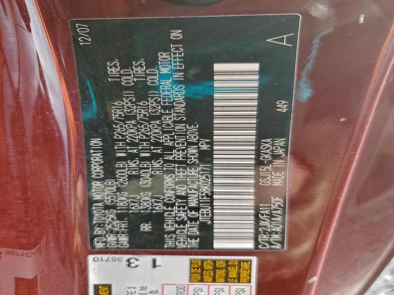 2008 Toyota Fj Cruiser VIN: JTEBU11F58K025171 Lot: 94411565