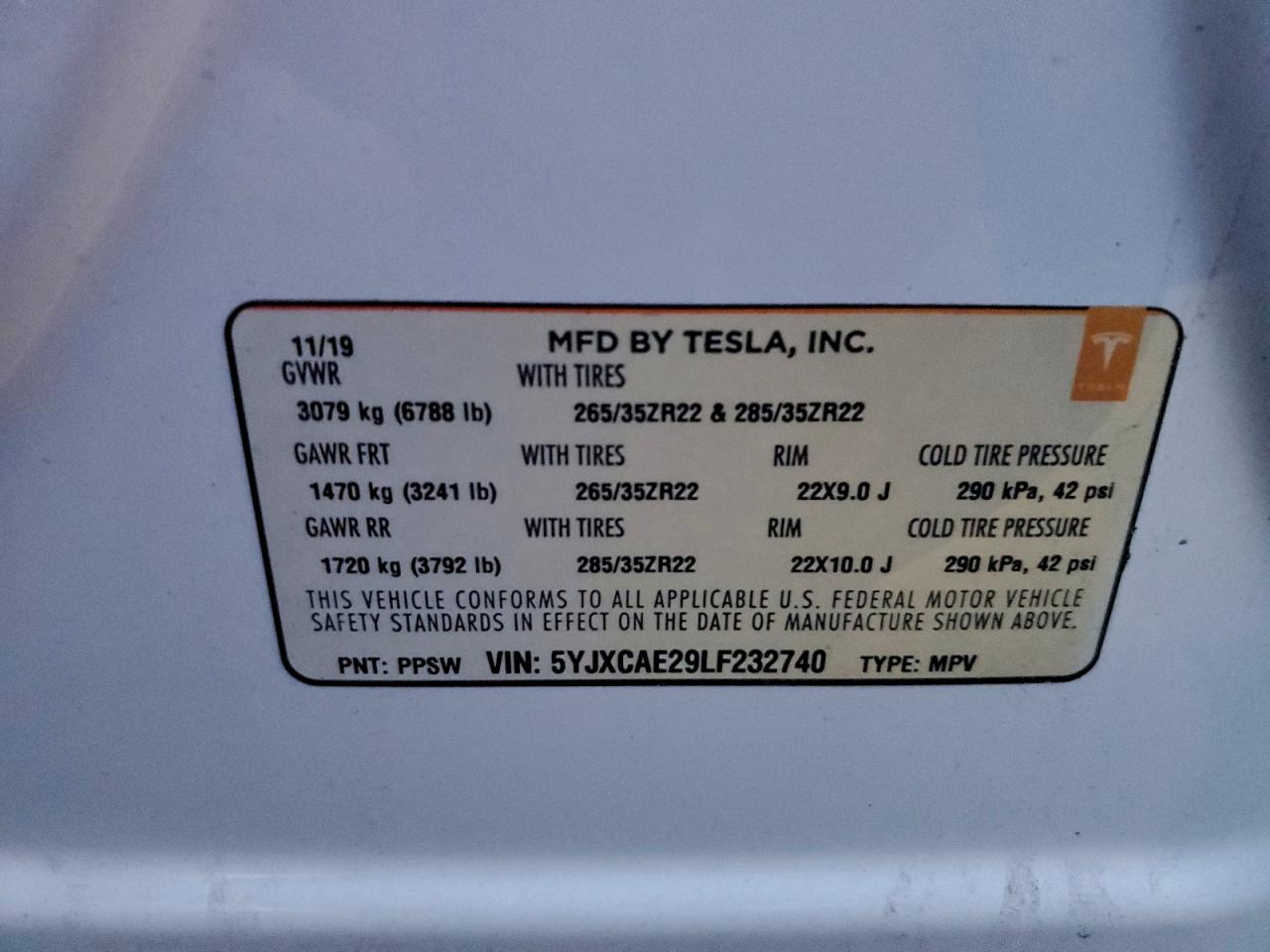 2020 Tesla Model X VIN: 5YJXCAE29LF232740 Lot: 93975365