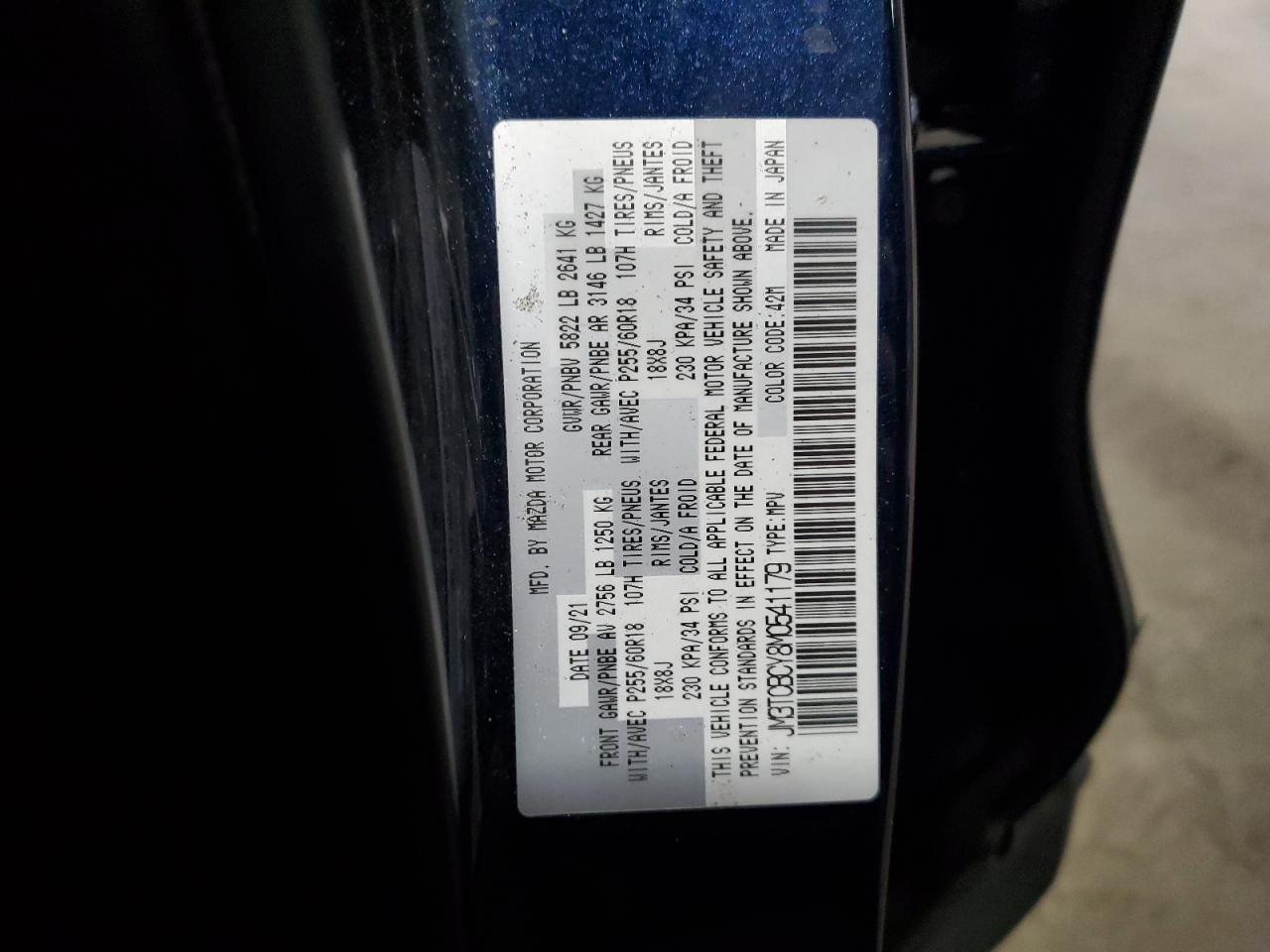 2021 Mazda Cx-9 Touring VIN: JM3TCBCY8M0541179 Lot: 91378315