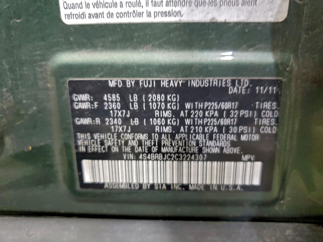 2012 Subaru Outback 2.5I Limited VIN: 4S4BRBJC2C3224307 Lot: 93722165