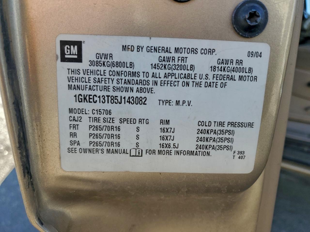 2005 GMC Yukon VIN: 1GKEC13T85J143082 Lot: 93717925