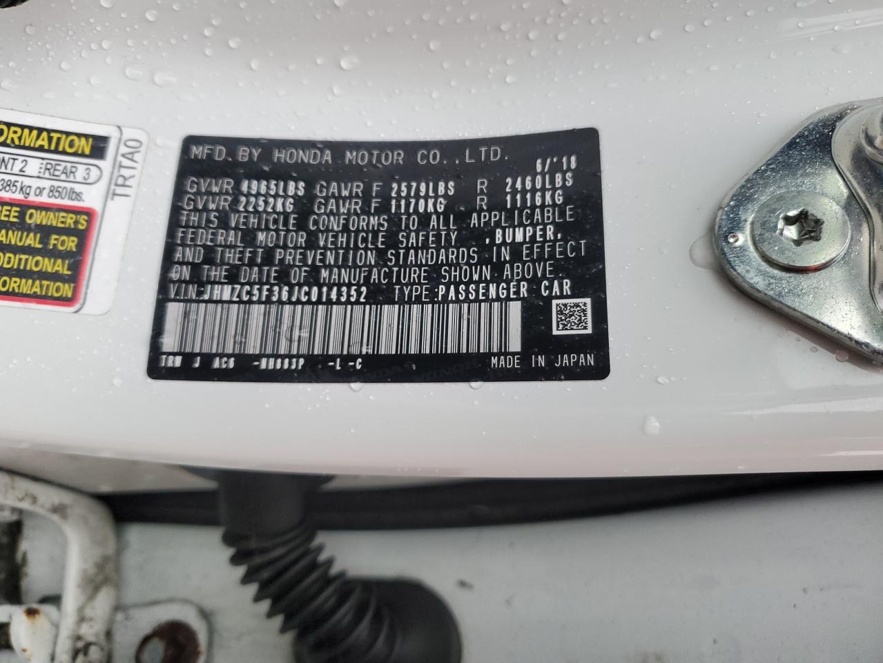 2018 Honda Clarity Touring VIN: JHMZC5F36JC014352 Lot: 93710975