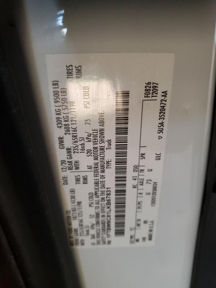 2020 Ford Transit T-350 VIN: 1FTBW9C81LKB67831 Lot: 92575515