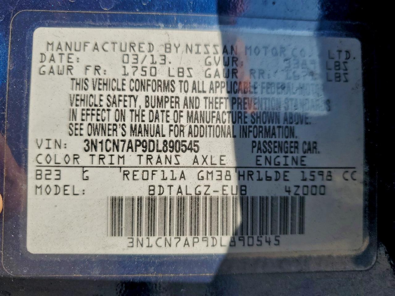 2013 Nissan Versa S VIN: 3N1CN7AP9DL890545 Lot: 94367045