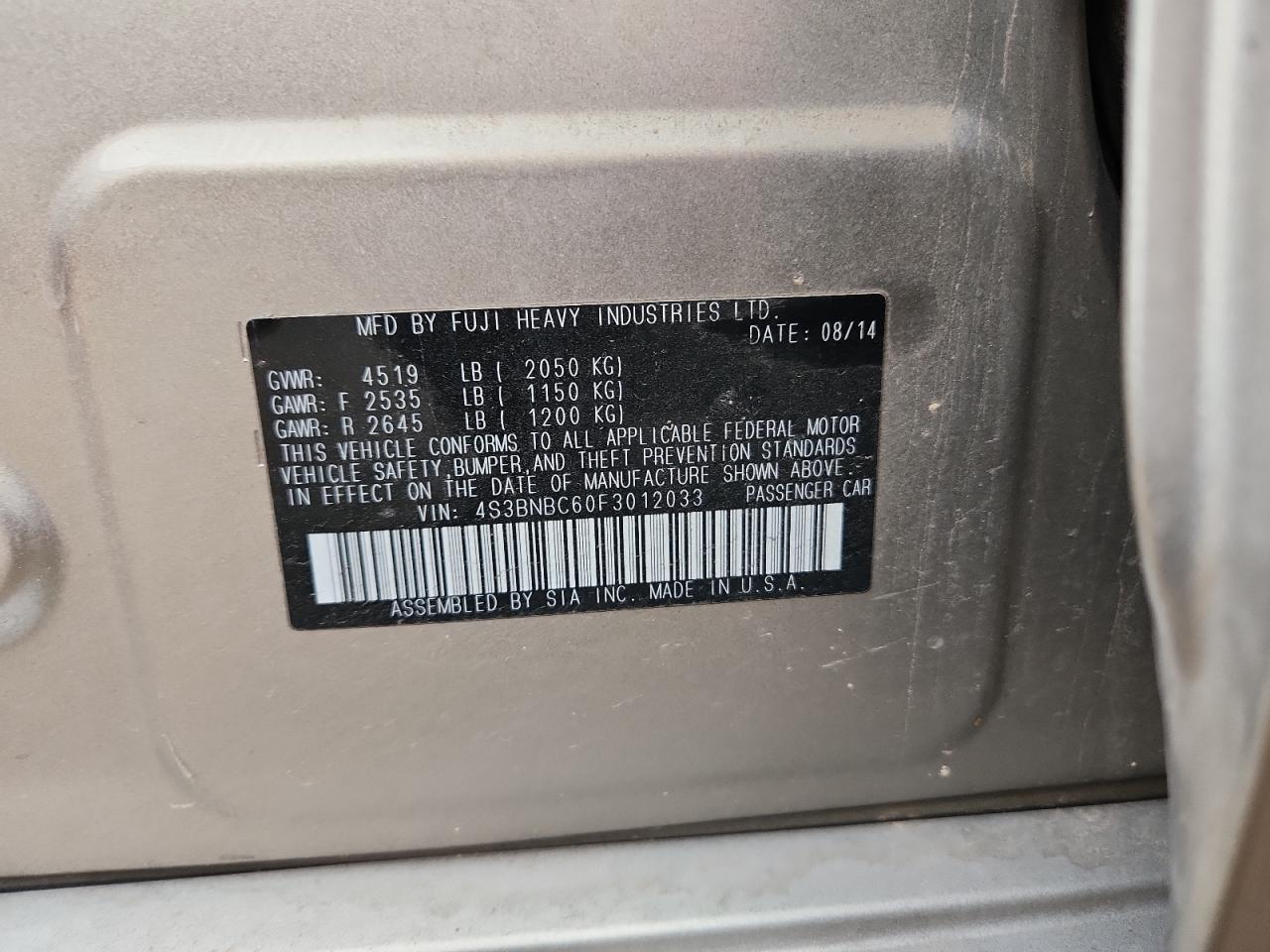 2015 Subaru Legacy 2.5I Premium VIN: 4S3BNBC60F3012033 Lot: 92481915