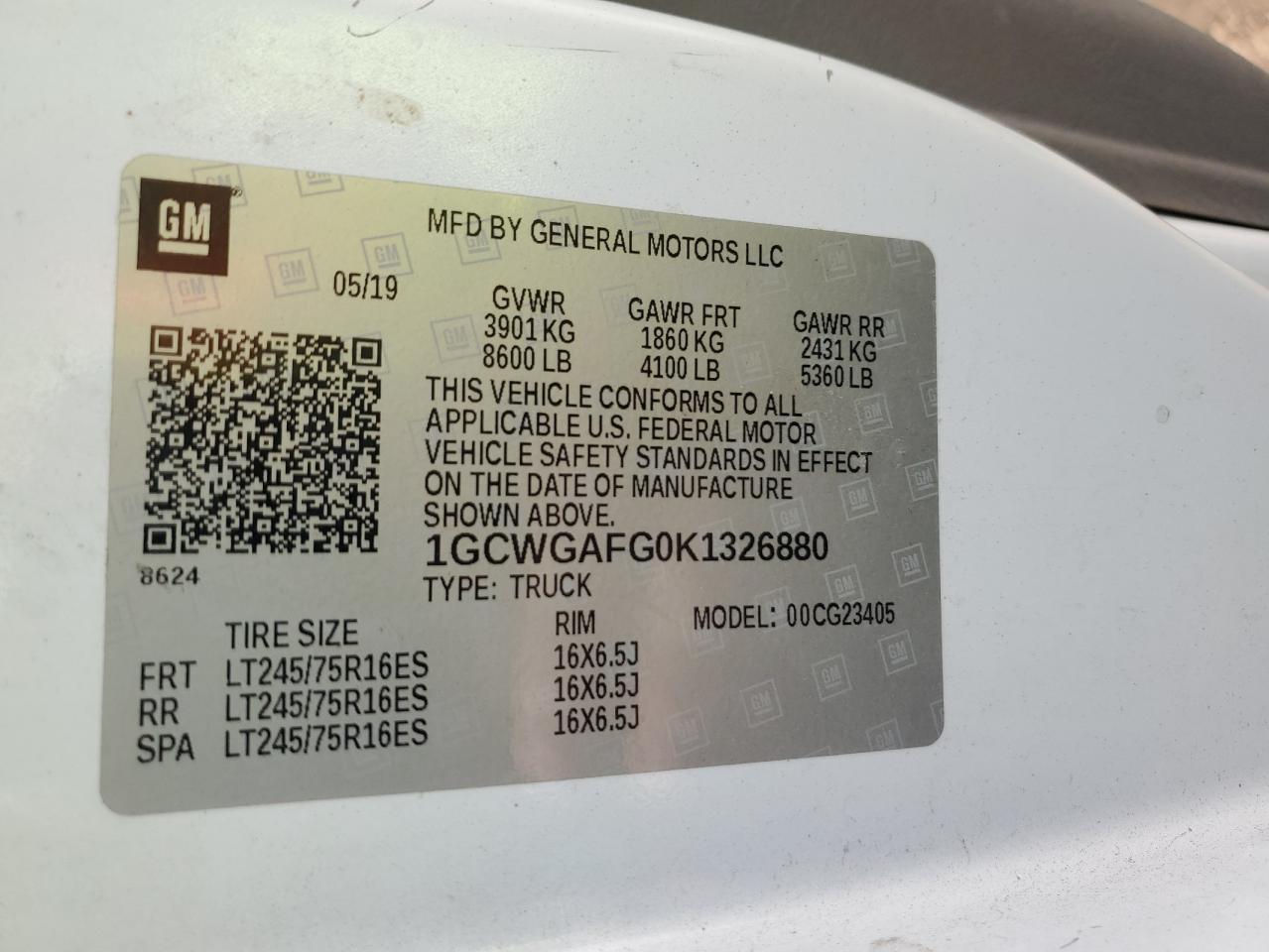 2019 Chevrolet Express G2500 Delivery Van VIN: 1GCWGAFG0K1326880 Lot: 93756115