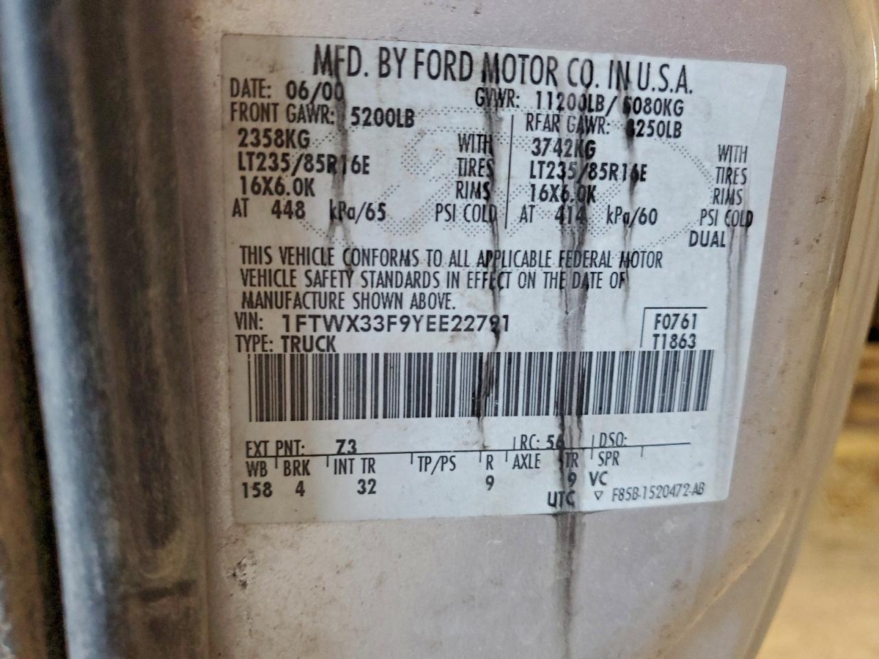 2000 Ford F350 Super Duty VIN: 1FTWX33F9YEE22791 Lot: 94158025