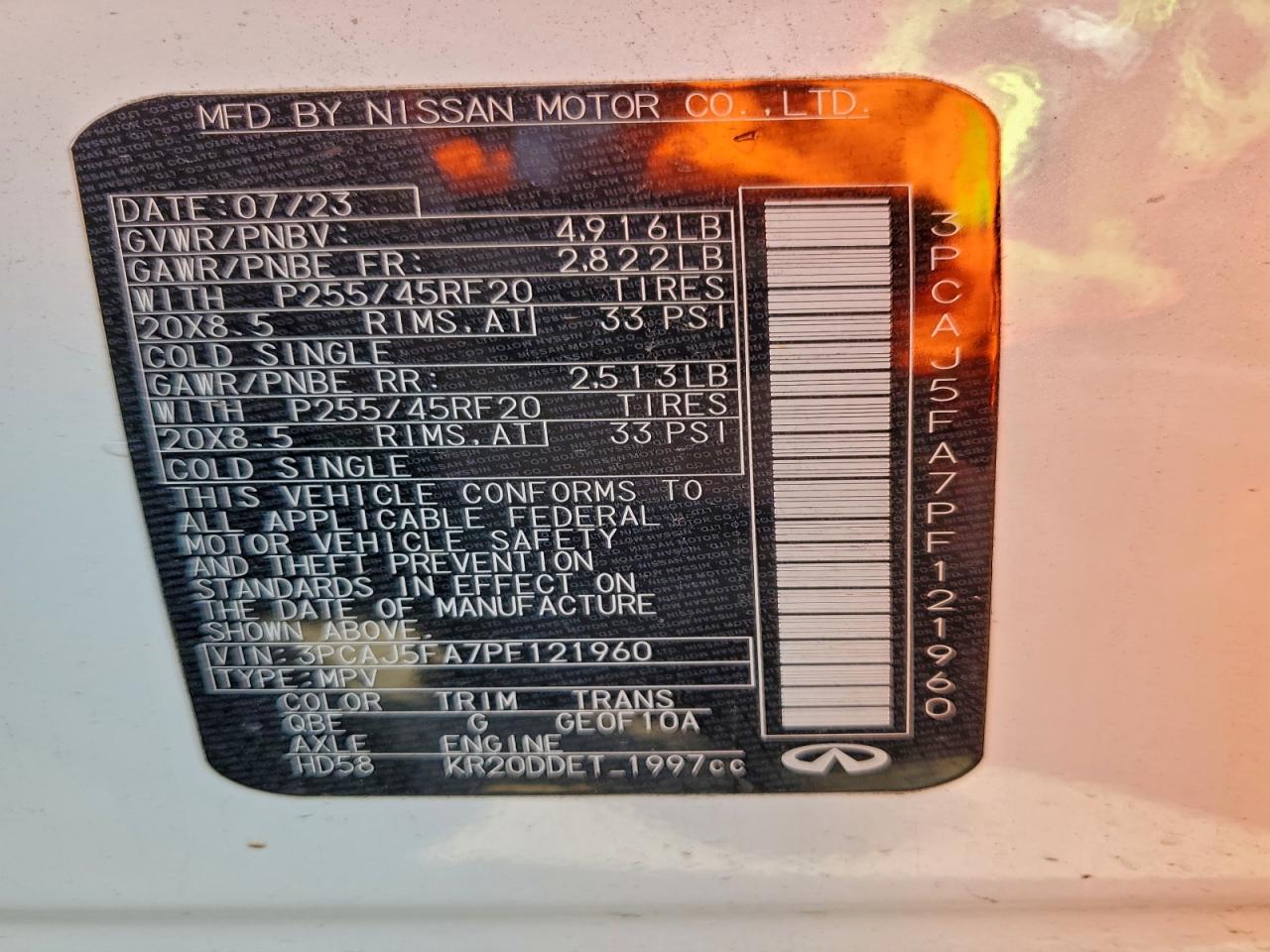 2023 Infiniti Qx50 Sport VIN: 3PCAJ5FA7PF121960 Lot: 94459915