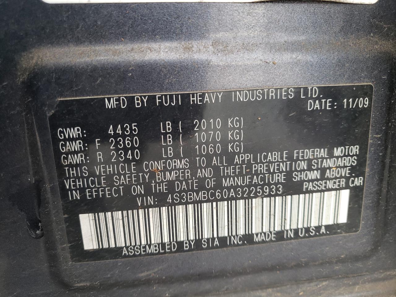 2010 Subaru Legacy 2.5I Premium VIN: 4S3BMBC60A3225933 Lot: 91704585