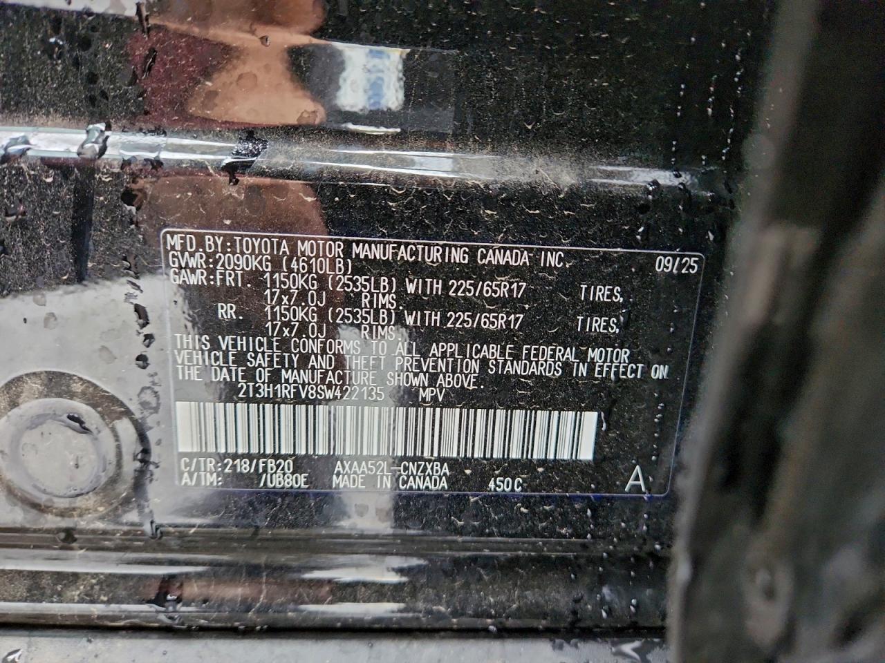 2025 Toyota Rav4 Le VIN: 2T3H1RFV8SW422135 Lot: 93648345