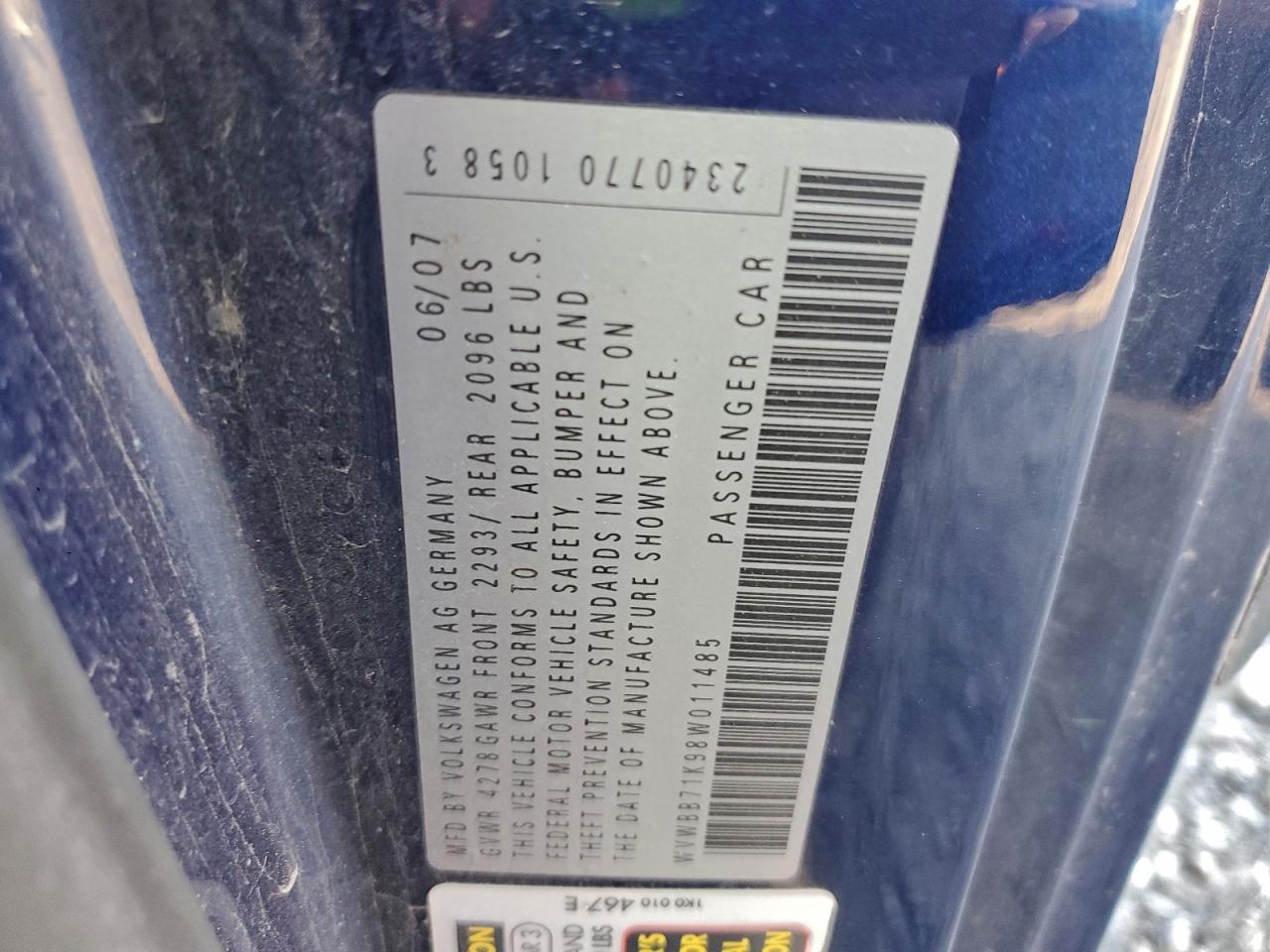 2008 Volkswagen Rabbit VIN: WVWBB71K98W011485 Lot: 94217045