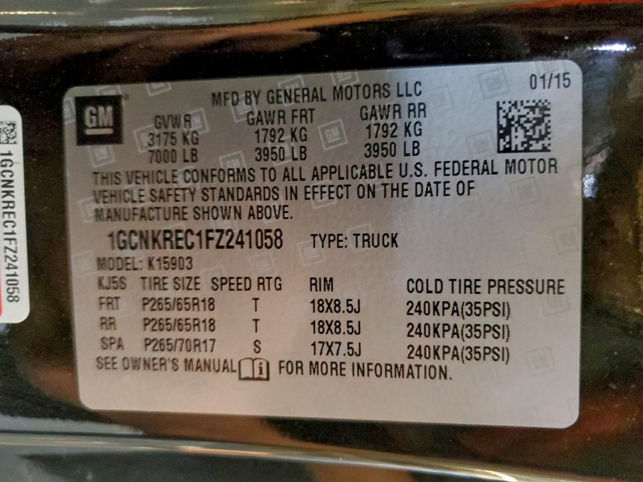 2015 Chevrolet Silverado K1500 Lt VIN: 1GCNKREC1FZ241058 Lot: 93931055