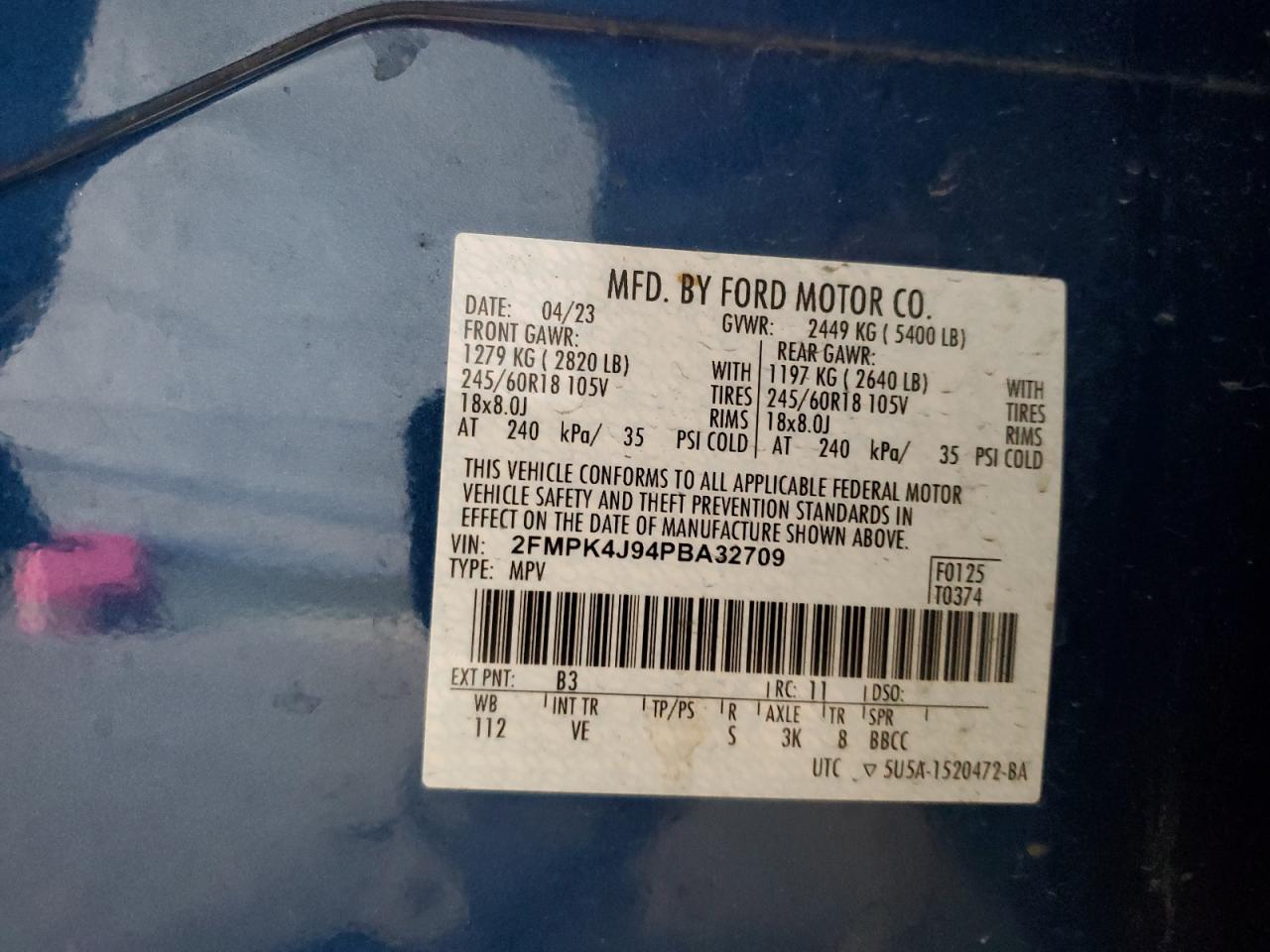 2023 Ford Edge Sel VIN: 2FMPK4J94PBA32709 Lot: 92087325