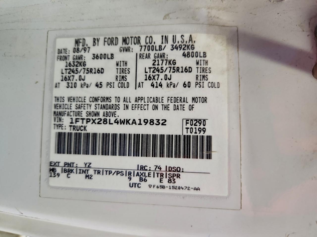 1998 Ford F250 VIN: 1FTPX28L4WKA19832 Lot: 94754475