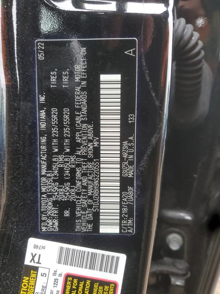 2022 Toyota Highlander Xse VIN: 5TDJZRBH9NS220551 Lot: 93111235