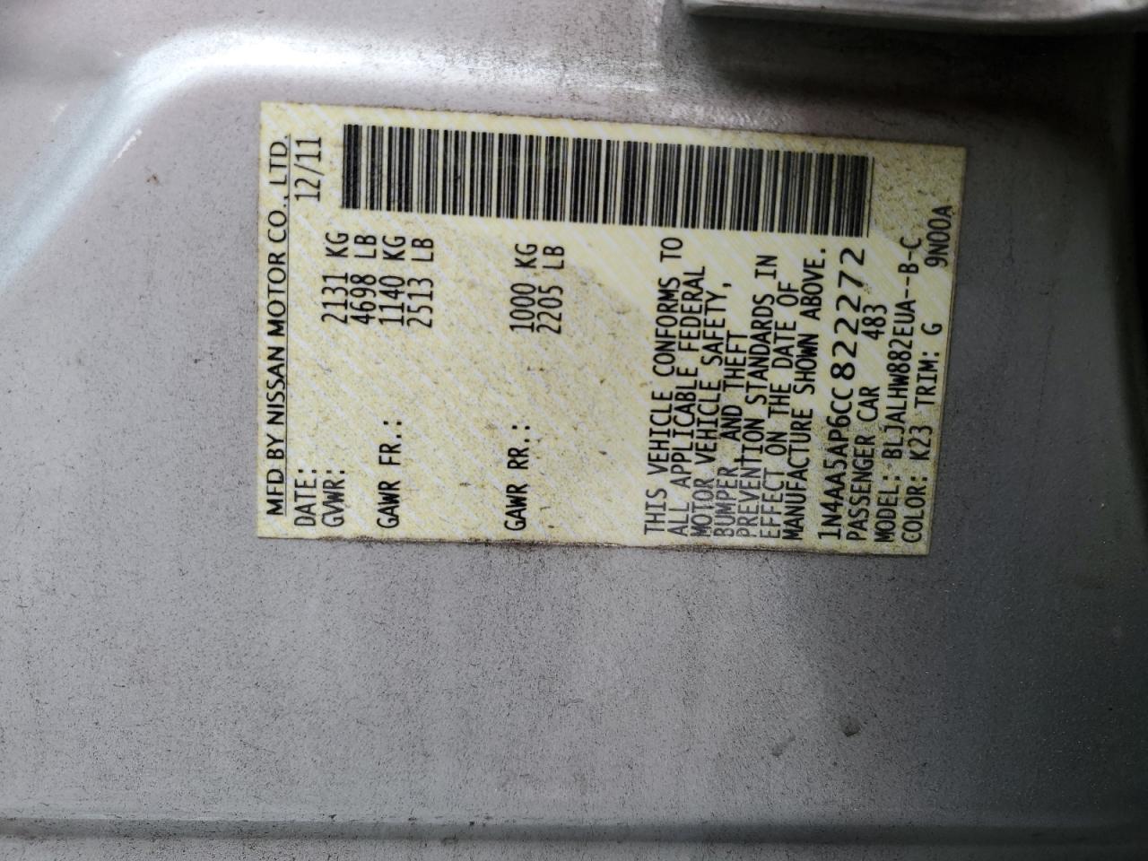 2012 Nissan Maxima S VIN: 1N4AA5AP6CC822272 Lot: 93755945