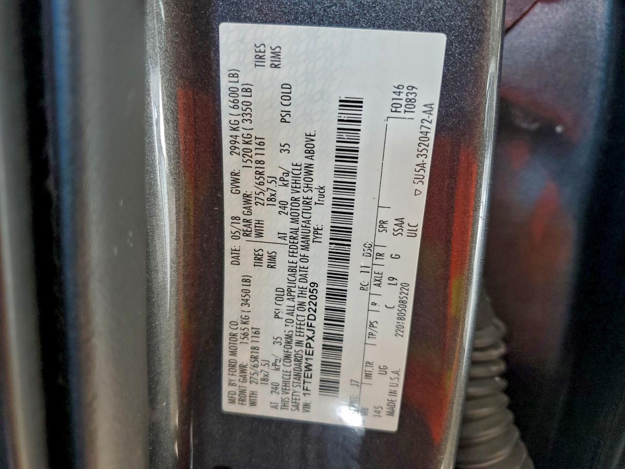 2018 Ford F150 Supercrew VIN: 1FTEW1EPXJFD22059 Lot: 93245835