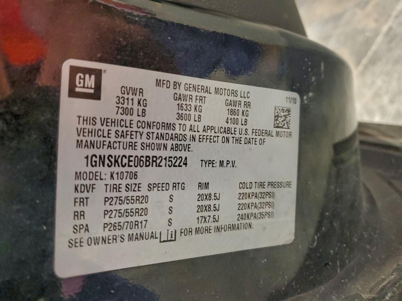 2011 Chevrolet Tahoe K1500 Ltz VIN: 1GNSKCE06BR215224 Lot: 90488225