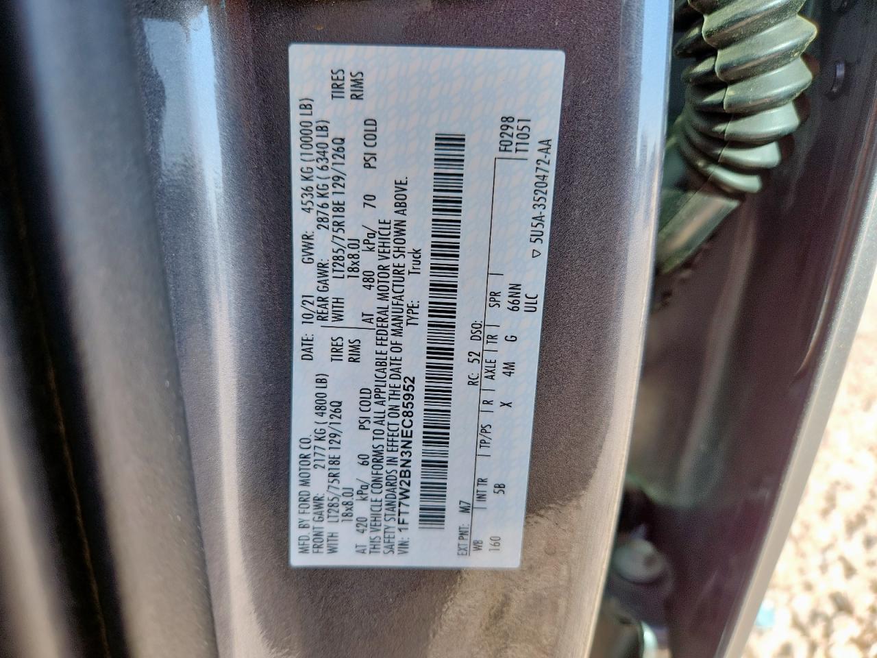 2022 Ford F250 Super Duty VIN: 1FT7W2BN3NEC85952 Lot: 91823295