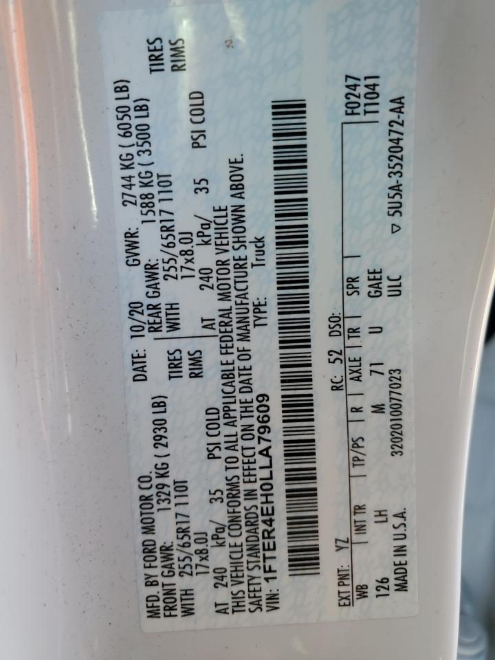 2020 Ford Ranger Xl VIN: 1FTER4EH0LLA79609 Lot: 91316305