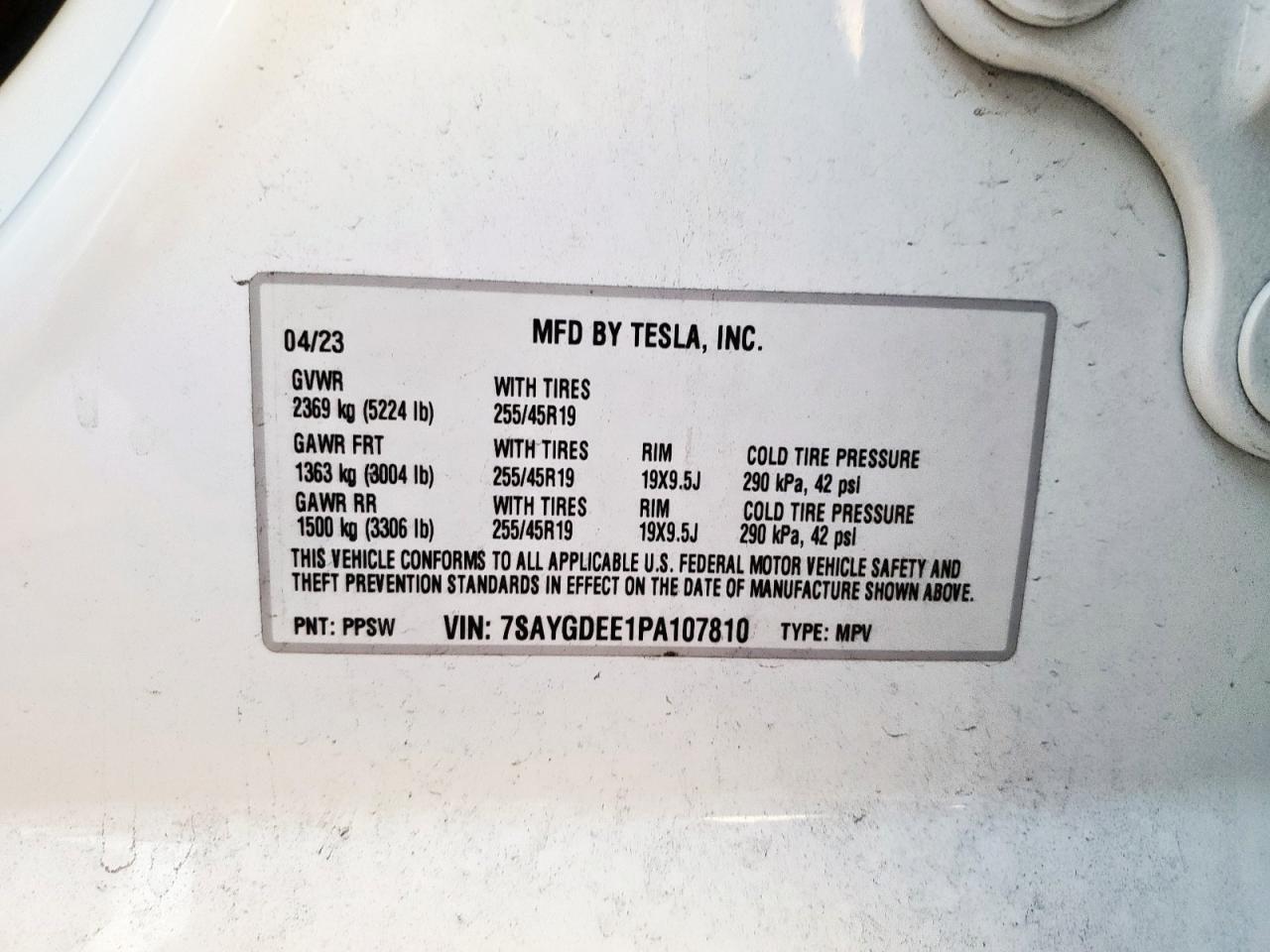 2023 Tesla Model Y VIN: 7SAYGDEE1PA107810 Lot: 89910945