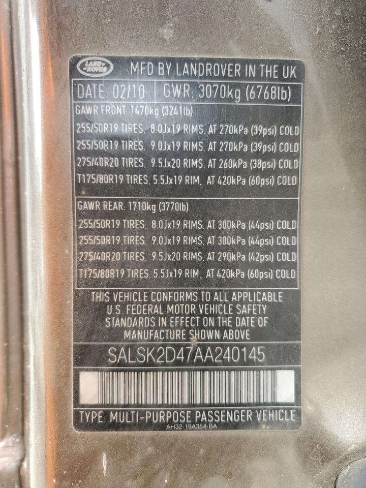 2010 Land Rover Range Rover Sport Lux VIN: SALSK2D47AA240145 Lot: 84771045