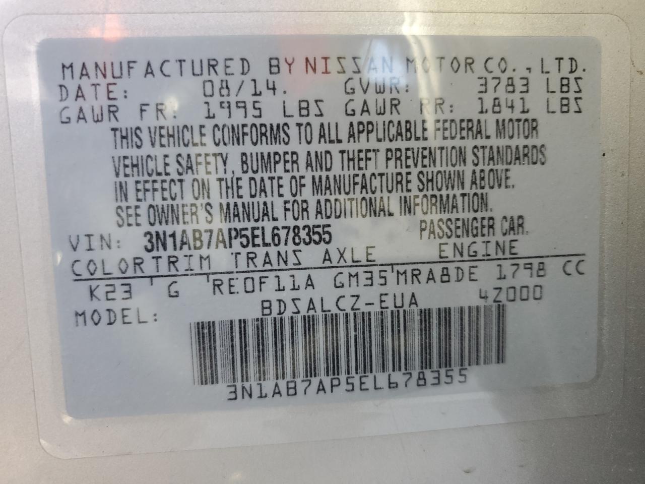 2014 Nissan Sentra S VIN: 3N1AB7AP5EL678355 Lot: 91323595