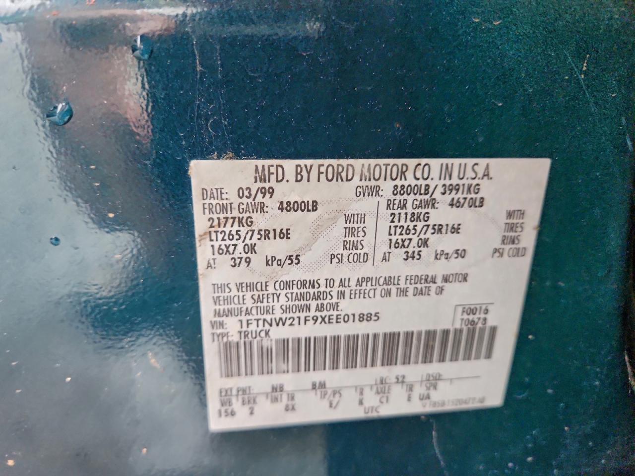 1999 Ford F250 Super Duty VIN: 1FTNW21F9XEE01885 Lot: 94159945