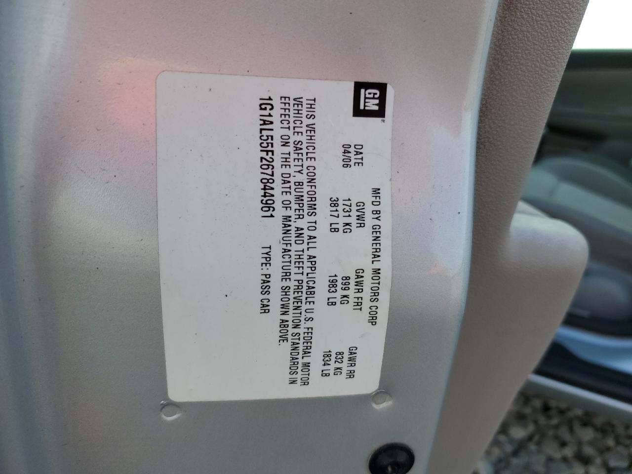 2006 Chevrolet Cobalt Lt VIN: 1G1AL55F267844961 Lot: 93681325