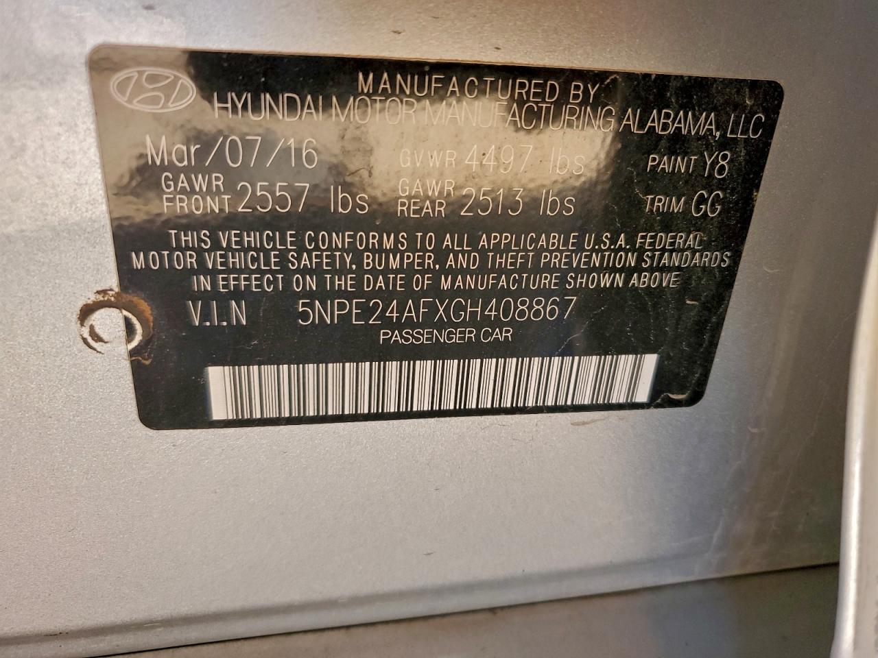 2016 Hyundai Sonata Se VIN: 5NPE24AFXGH408867 Lot: 92756565