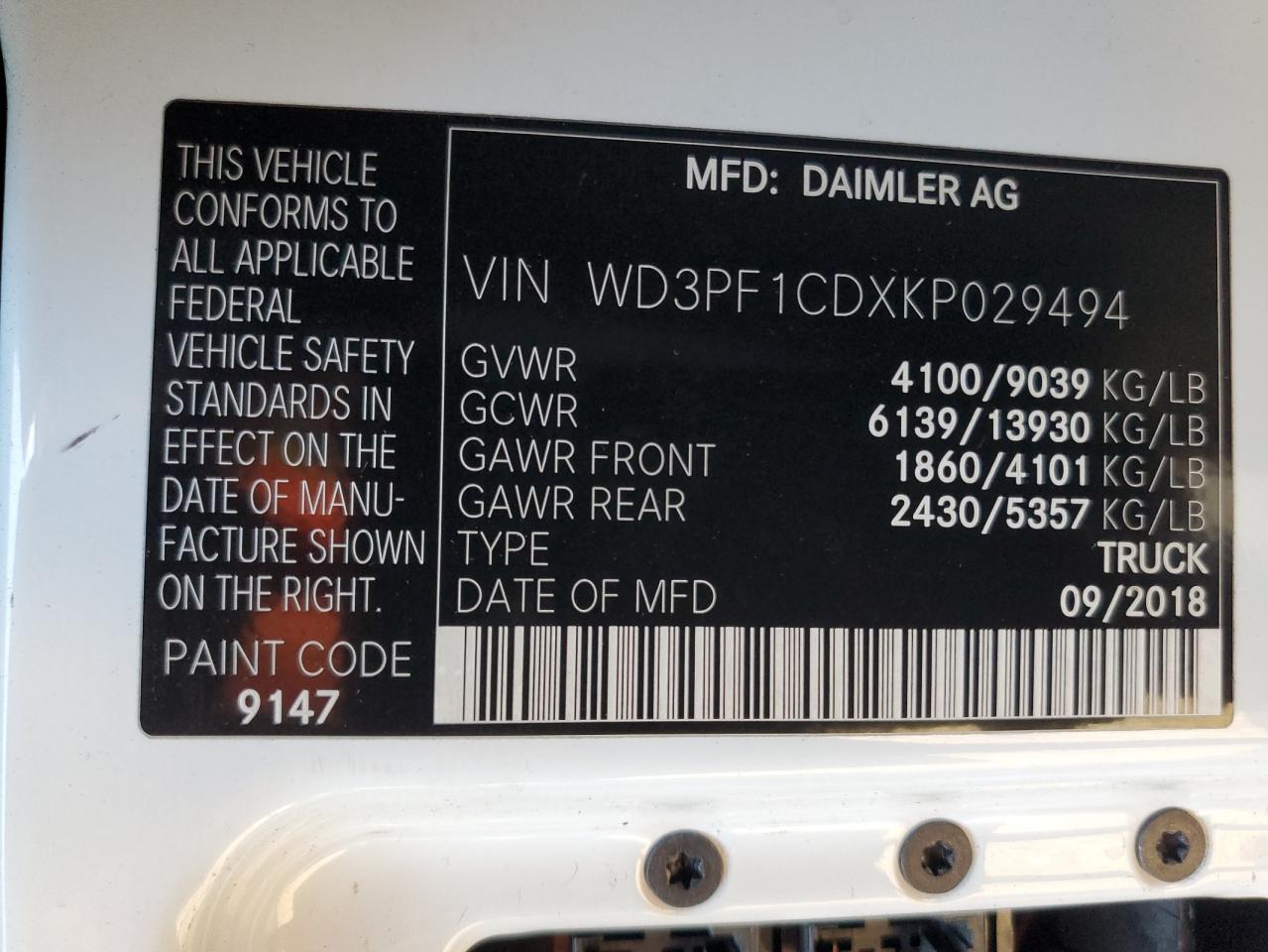 2019 Mercedes Benz Sprinter 2500 Delivery Van VIN: WD3PF1CDXKP029494 Lot: 90860695