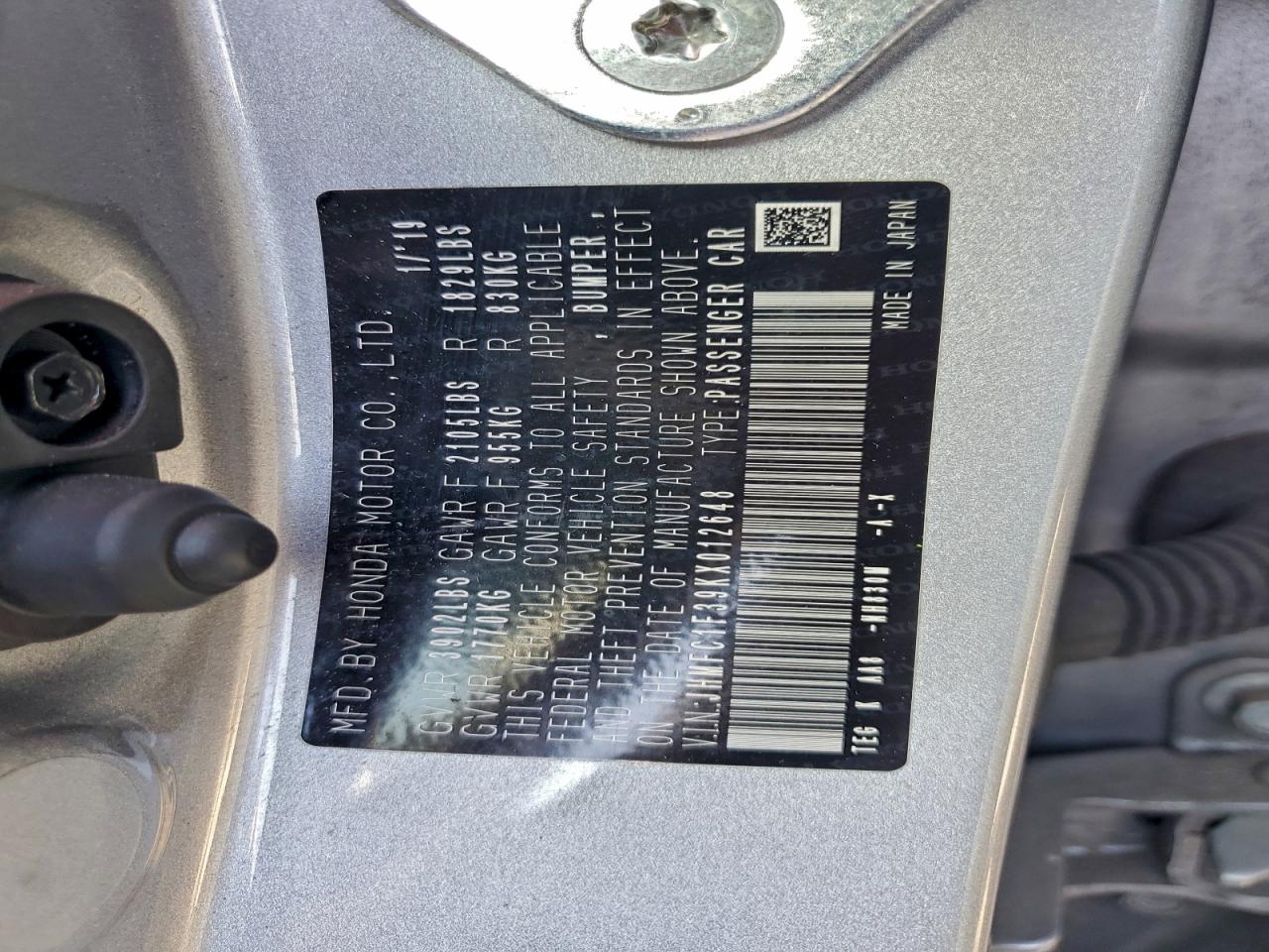 2019 Honda Civic Ex VIN: JHMFC1F39KX012648 Lot: 93885815