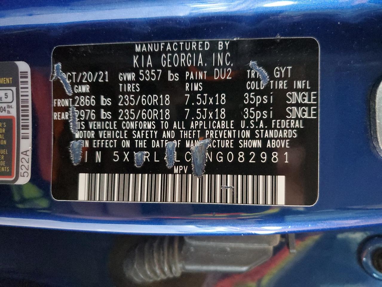 2022 Kia Sorento S VIN: 5XYRL4LC1NG082981 Lot: 91433505