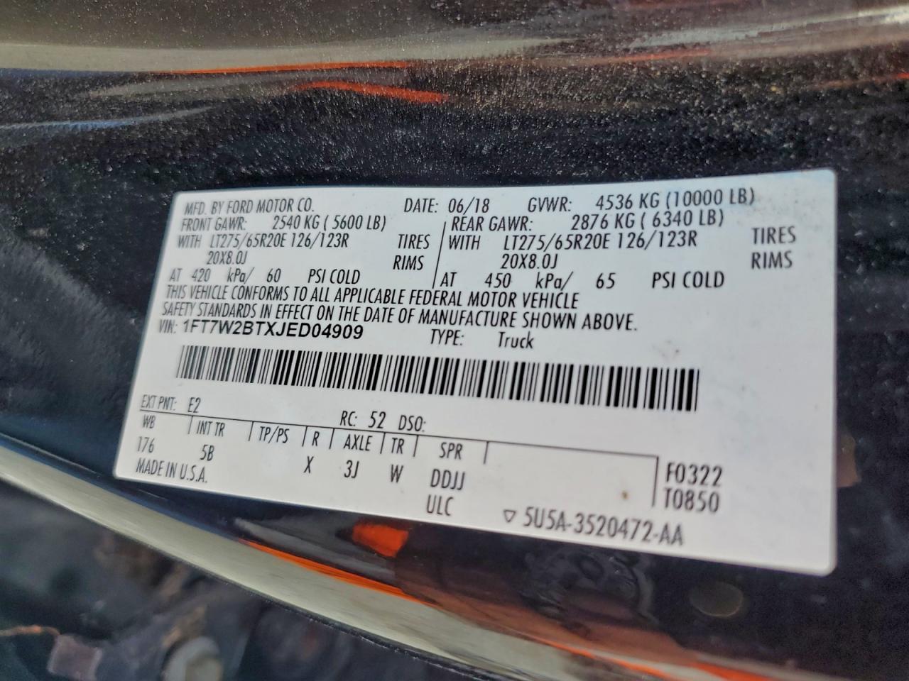 2018 Ford F250 Super Duty VIN: 1FT7W2BTXJED04909 Lot: 94500285