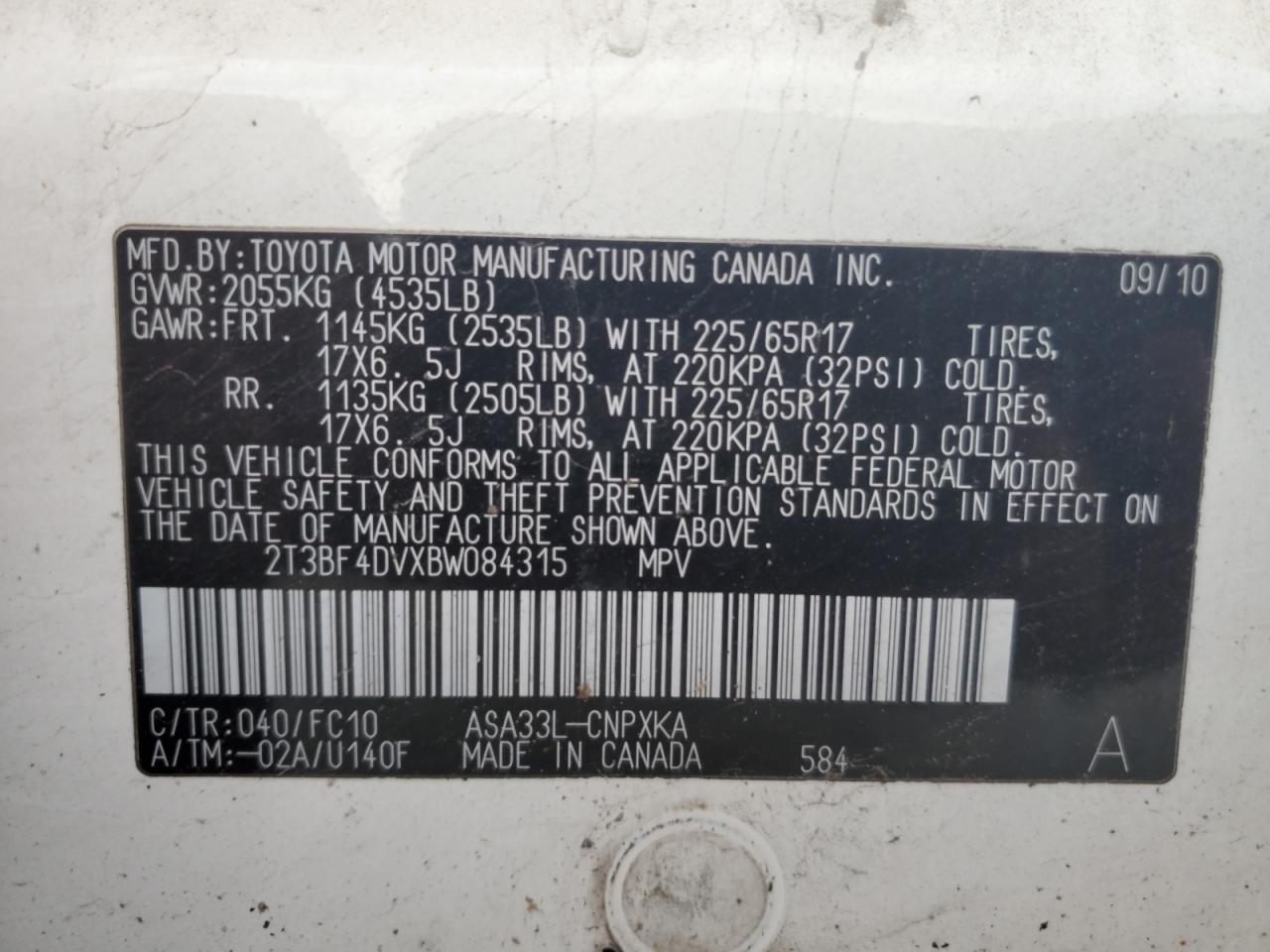 2011 Toyota Rav4 VIN: 2T3BF4DVXBW084315 Lot: 93069475