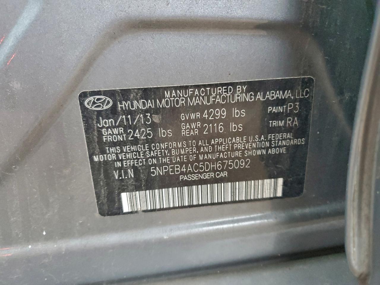 2013 Hyundai Sonata Gls VIN: 5NPEB4AC5DH675092 Lot: 93621905