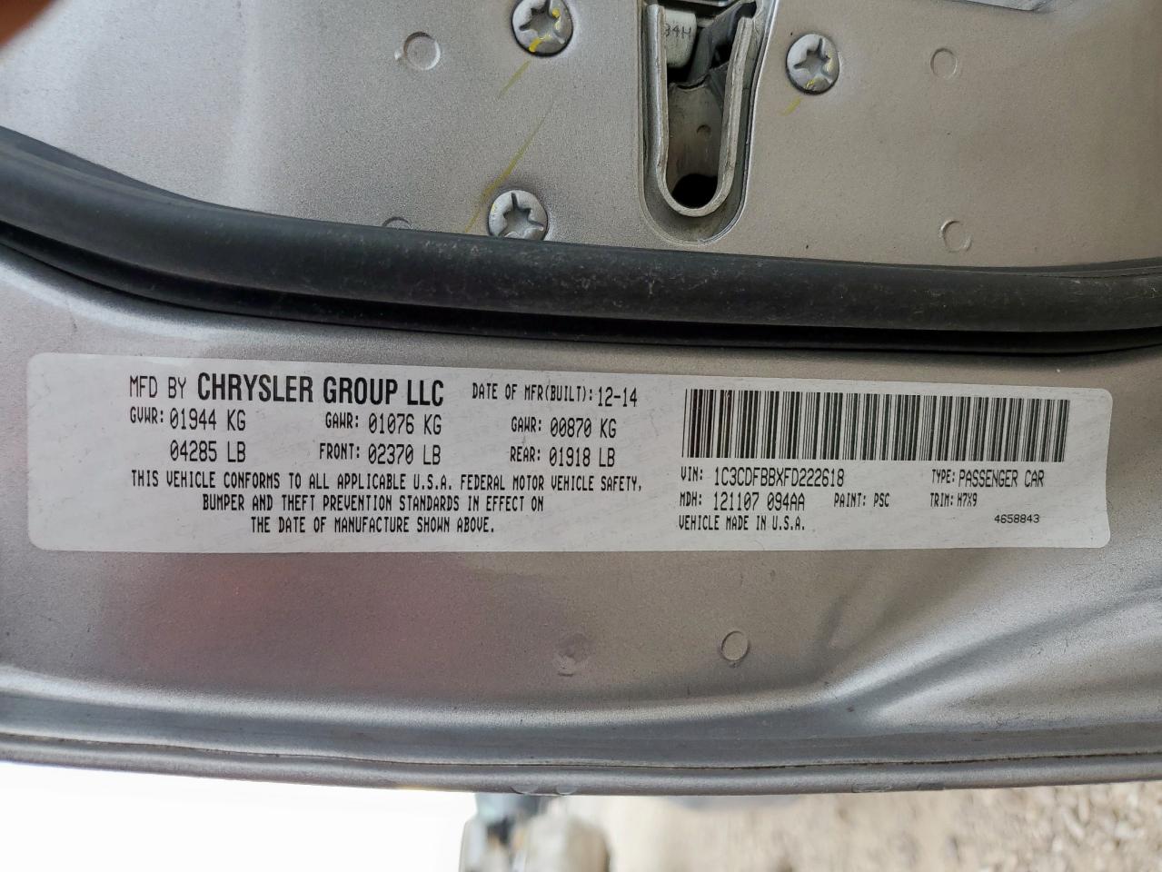 2015 Dodge Dart Sxt VIN: 1C3CDFBBXFD222618 Lot: 93268615