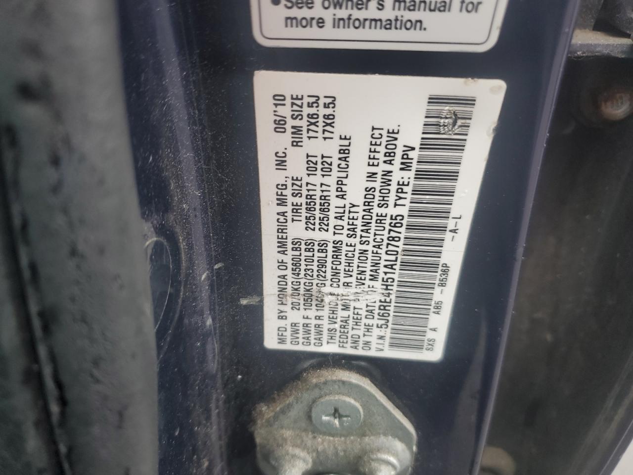 2010 Honda Cr-V Ex VIN: 5J6RE4H51AL078765 Lot: 91448195