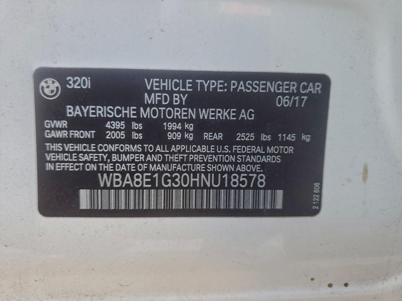 2017 BMW 320 I VIN: WBA8E1G30HNU18578 Lot: 93899875