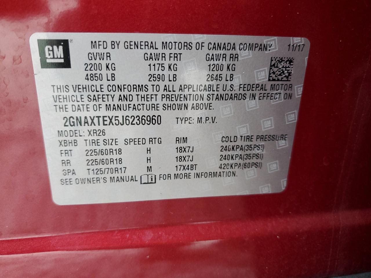 2018 Chevrolet Equinox Lt VIN: 2GNAXTEX5J6236960 Lot: 91789675