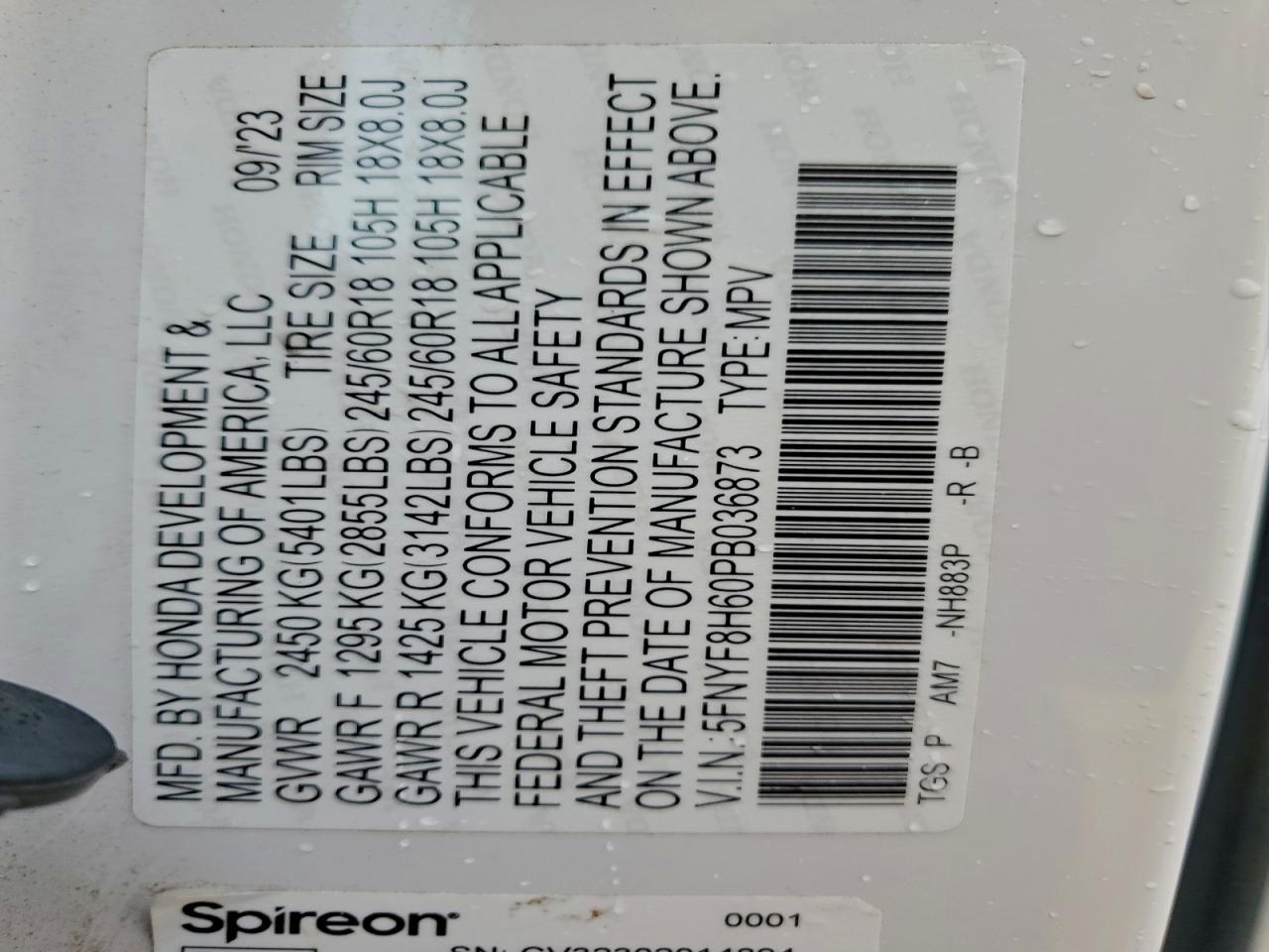 2023 Honda Passport Trail Sport VIN: 5FNYF8H60PB036873 Lot: 93371335