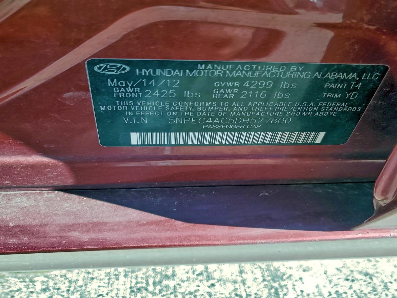 2013 Hyundai Sonata Se VIN: 5NPEC4AC5DH527800 Lot: 94361585