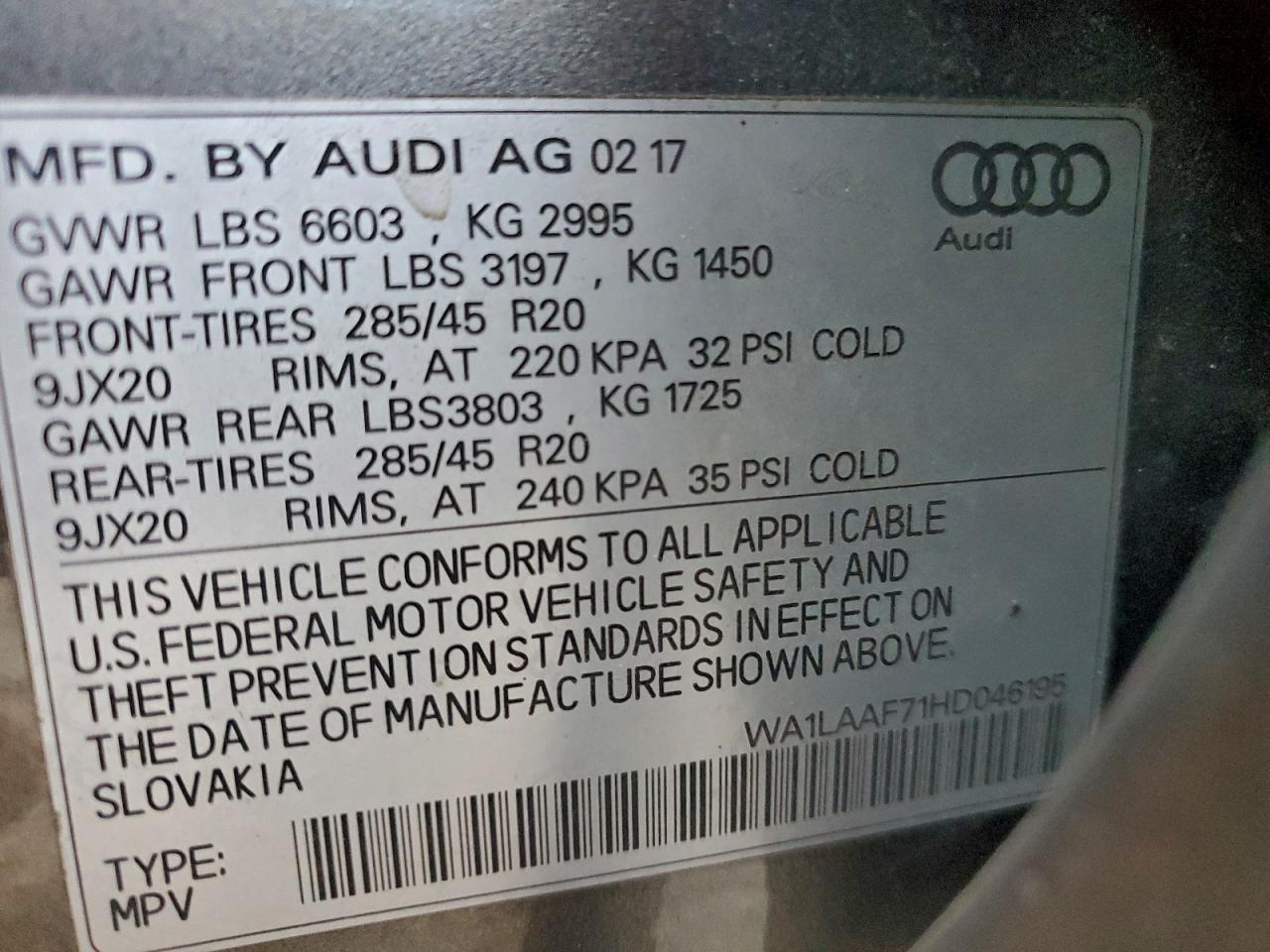 2017 Audi Q7 Premium Plus VIN: WA1LAAF71HD046195 Lot: 94420315