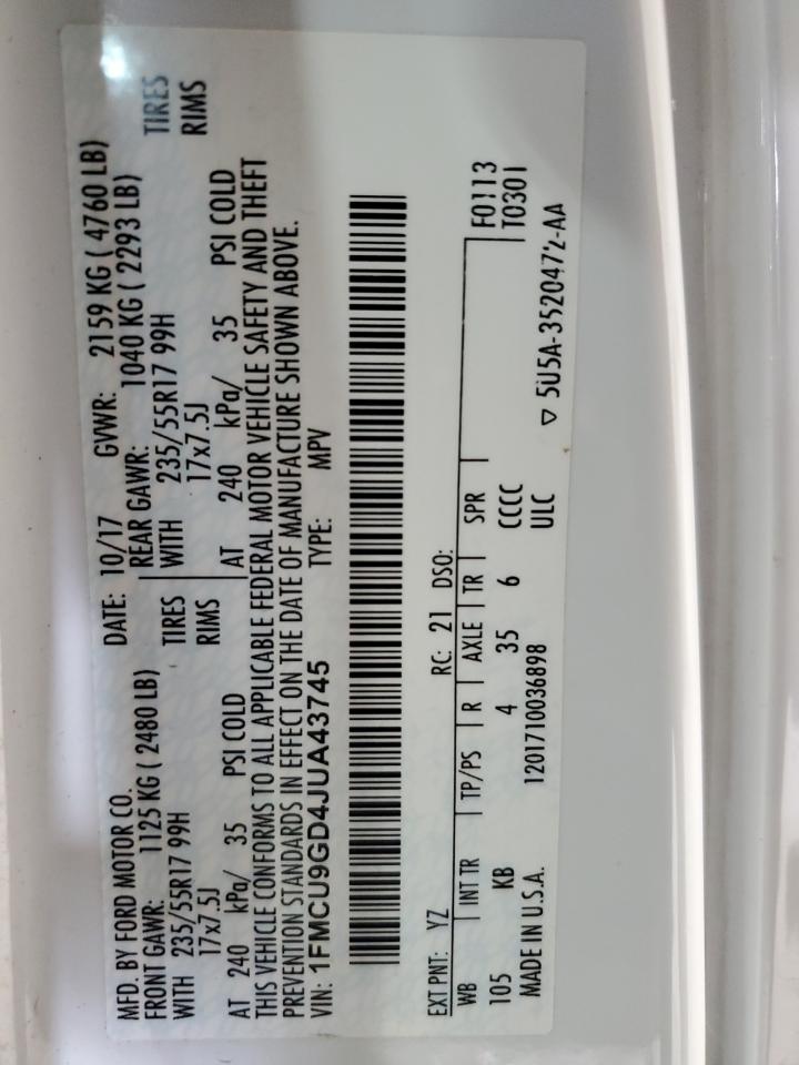 2018 Ford Escape Se VIN: 1FMCU9GD4JUA43745 Lot: 92936535